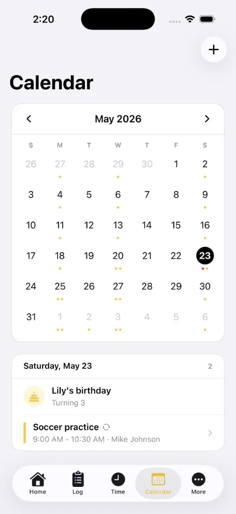 Banany Calendar tab showing May 2026 with event dots and an agenda for May 23