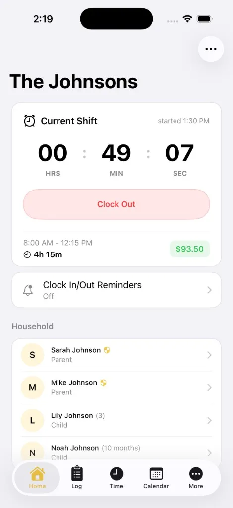 Banany home screen with a live shift timer counting and the Johnsons' household list below