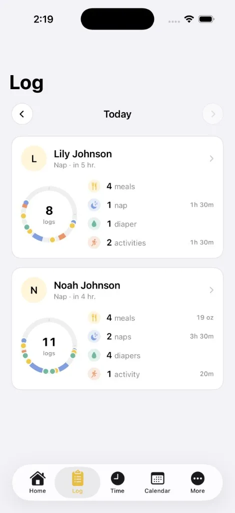 Banany Log tab with day rings and per-kind counts for Lily and Noah