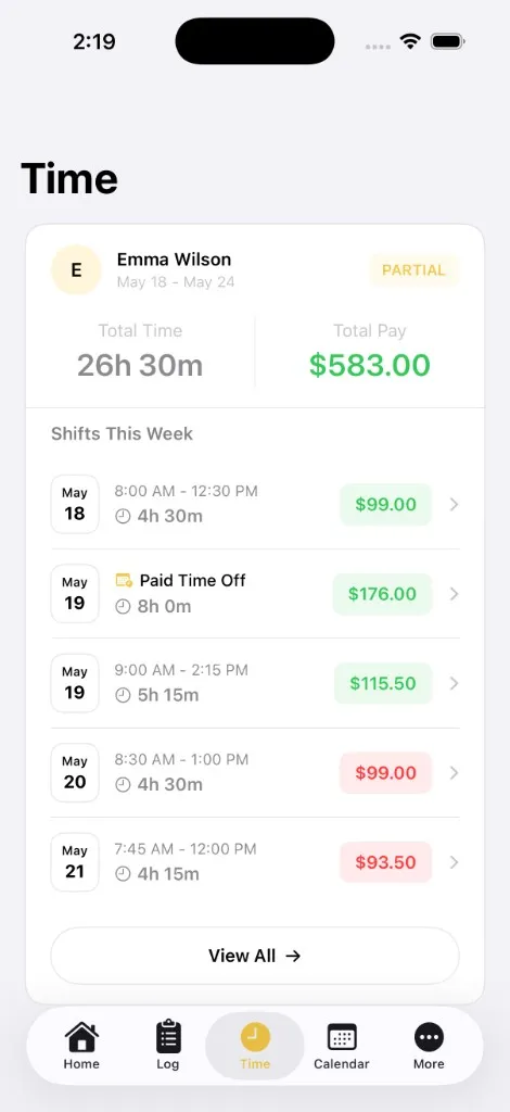 Banany Time tab showing a week of Emma's shifts with paid and unpaid pills